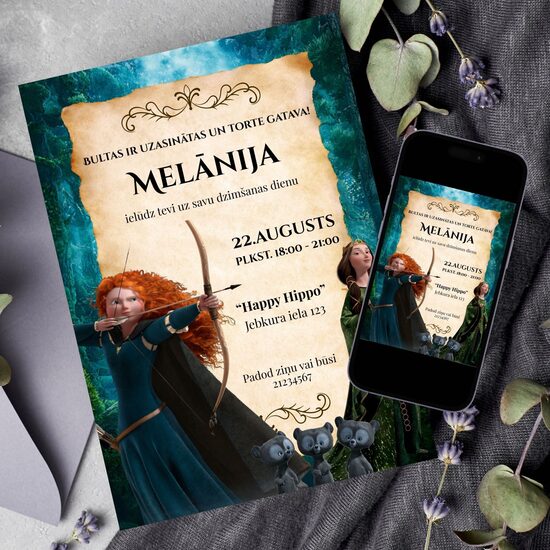 Meridas dzimšanas dienas ballītes digitāls ielūgums bērniem